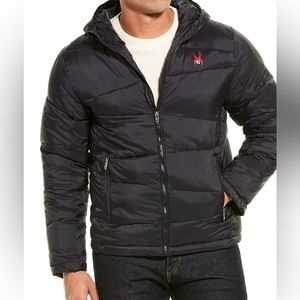 Spyder Men’s Black Puffer Jacket – Hooded Down Coat Size Medium